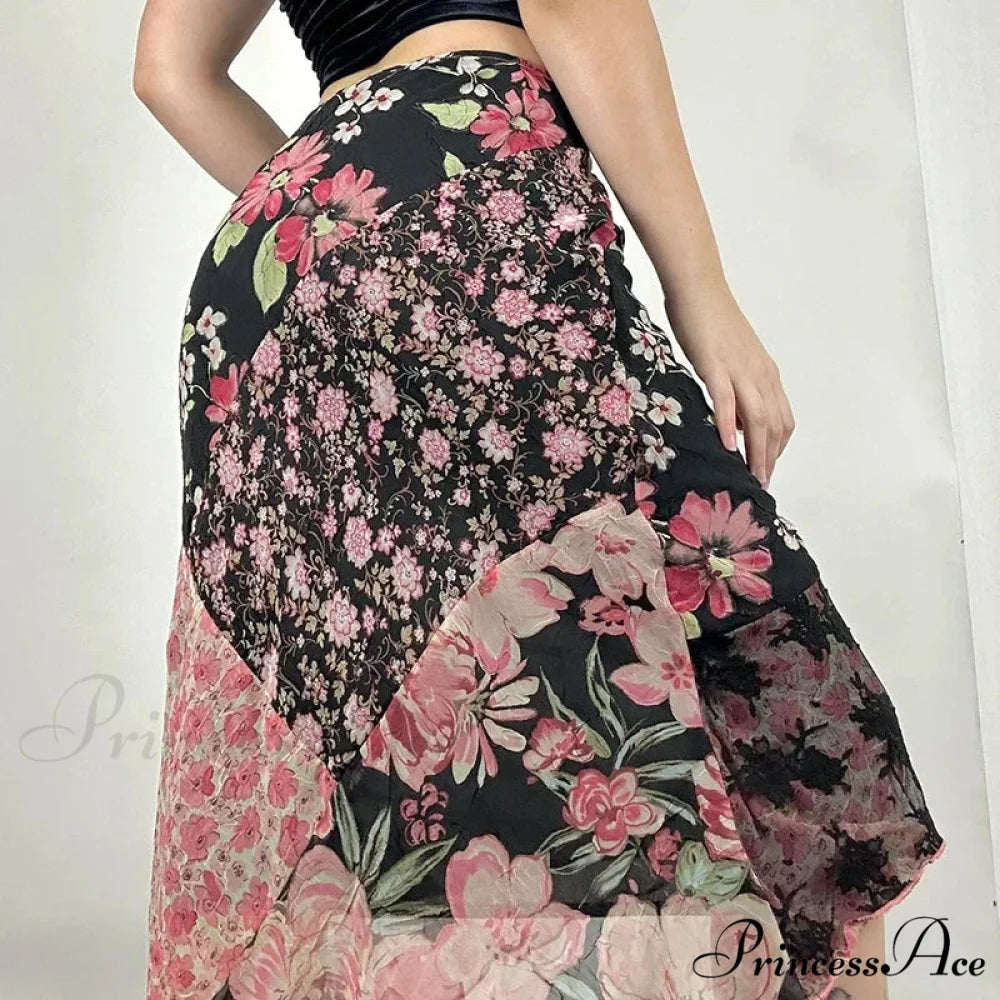 Stylish Flower Pattern Low Cut Patchwork Skirt skirt-250126