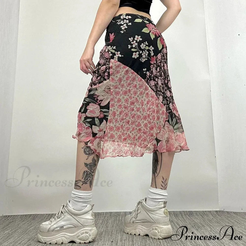Stylish Flower Pattern Low Cut Patchwork Skirt skirt-250126