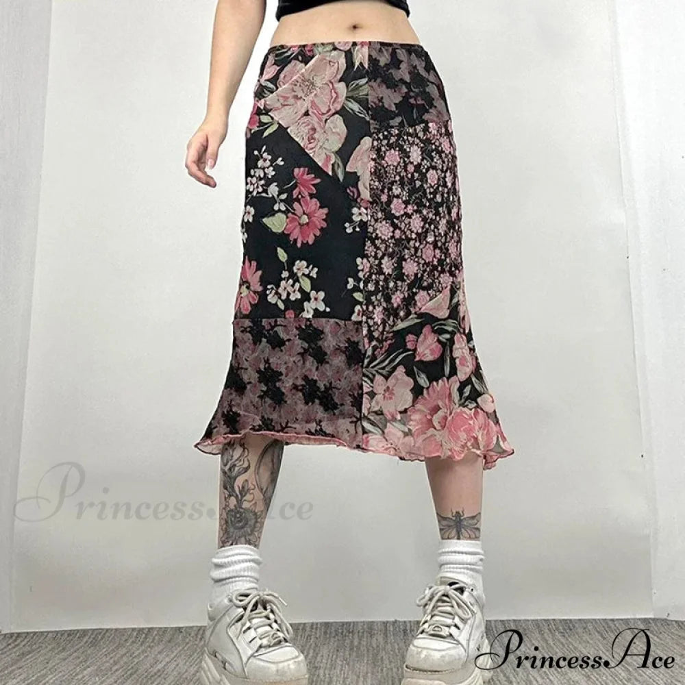 Stylish Flower Pattern Low Cut Patchwork Skirt Black / S skirt-250126