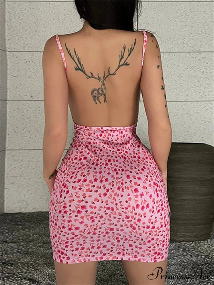 Stylish Flower Pattern Open-Back Sling Mini Suspender Wrap Bodycon Party Dress floraldress-250126
