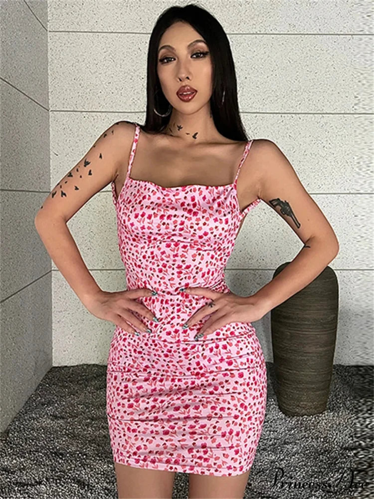 Stylish Flower Pattern Open-Back Sling Mini Suspender Wrap Bodycon Party Dress Pink / S floraldress-250126