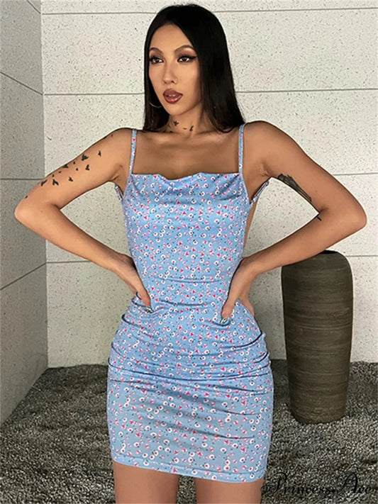 Stylish Flower Pattern Open-Back Sling Mini Suspender Wrap Bodycon Party Dress SKY BLUE / S floraldress-250126
