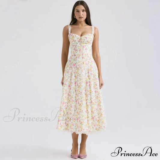 Stylish Flower Pattern Summer Midi Dress ivory print / XS