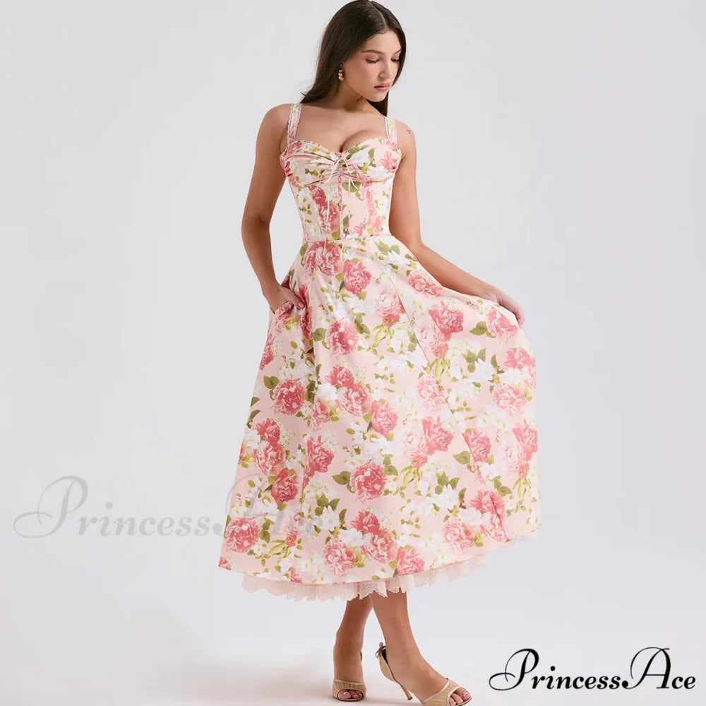 Stylish Flower Pattern Summer Midi Dress Peony / XS
