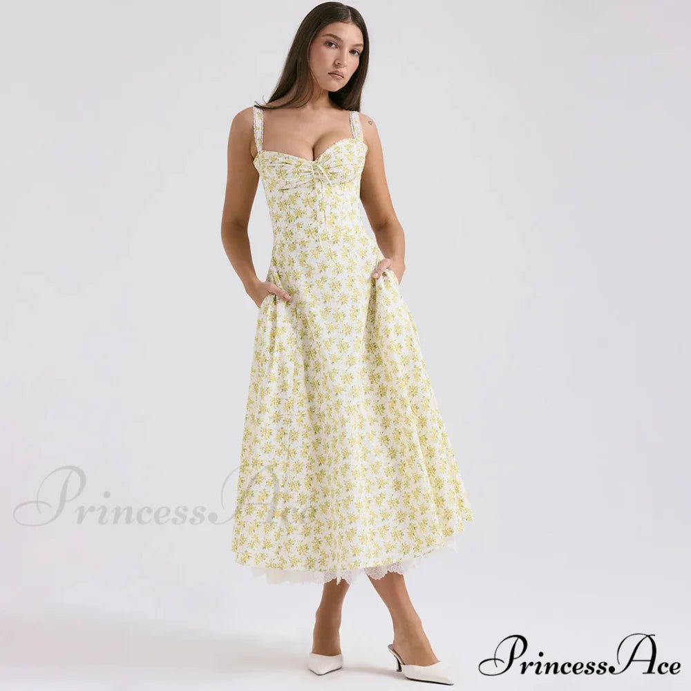 Stylish Flower Pattern Summer Midi Dress yellow print / XS