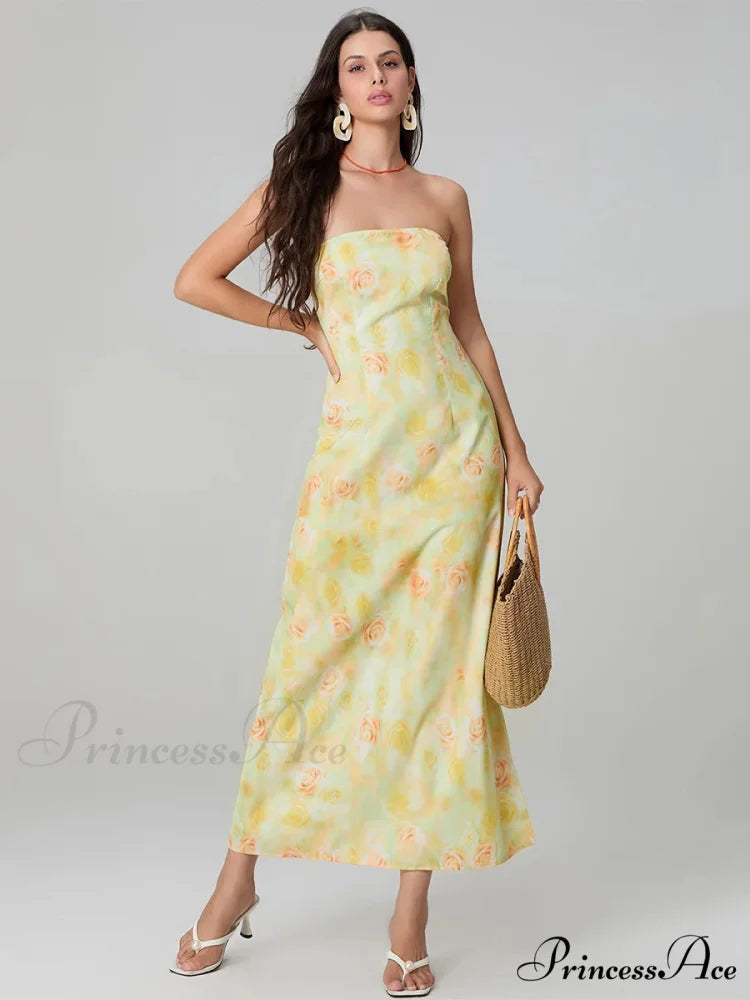 Stylish Flower Pattern Tube Backless Off-Shoulder Evening Gown Party Dress floraldress-250126