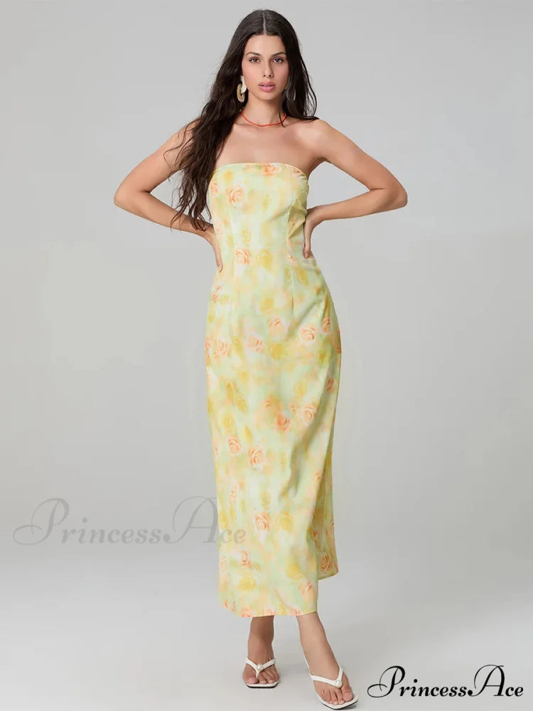 Stylish Flower Pattern Tube Backless Off-Shoulder Evening Gown Party Dress floraldress-250126