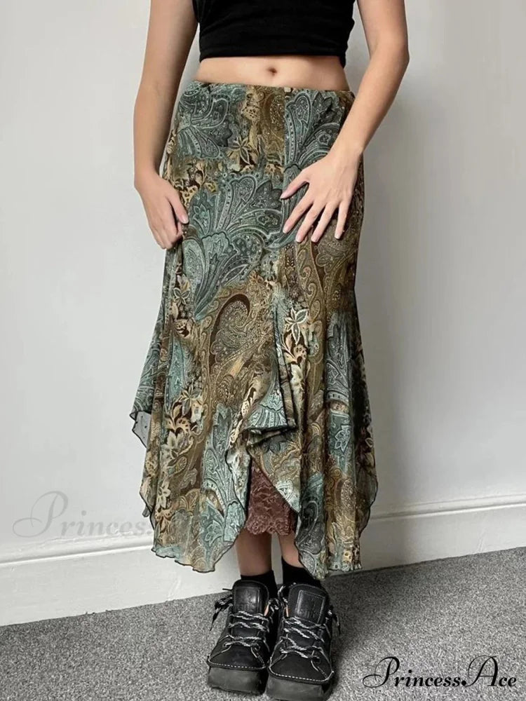 Stylish Flower Pattern Uneven Bohemian Holiday Lace Skirt Green / S skirt-250126