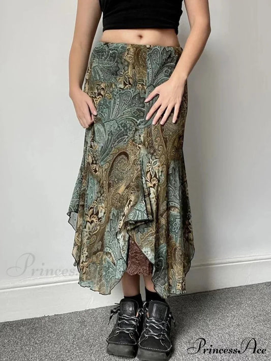 Stylish Flower Pattern Uneven Bohemian Holiday Lace Skirt Green / S skirt-250126