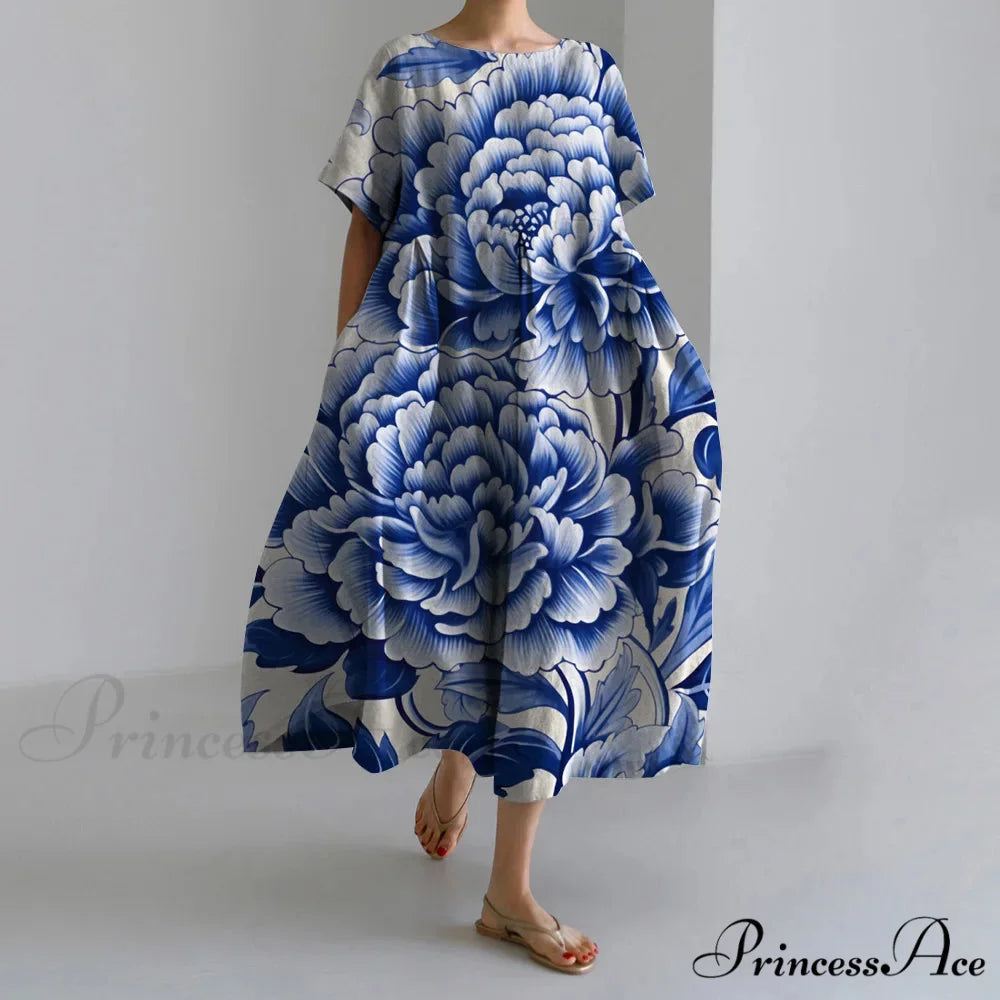 Stylish Flower Patterned Short Sleeve Evening Flower Dress blue1 / S oldfloraldress-250126