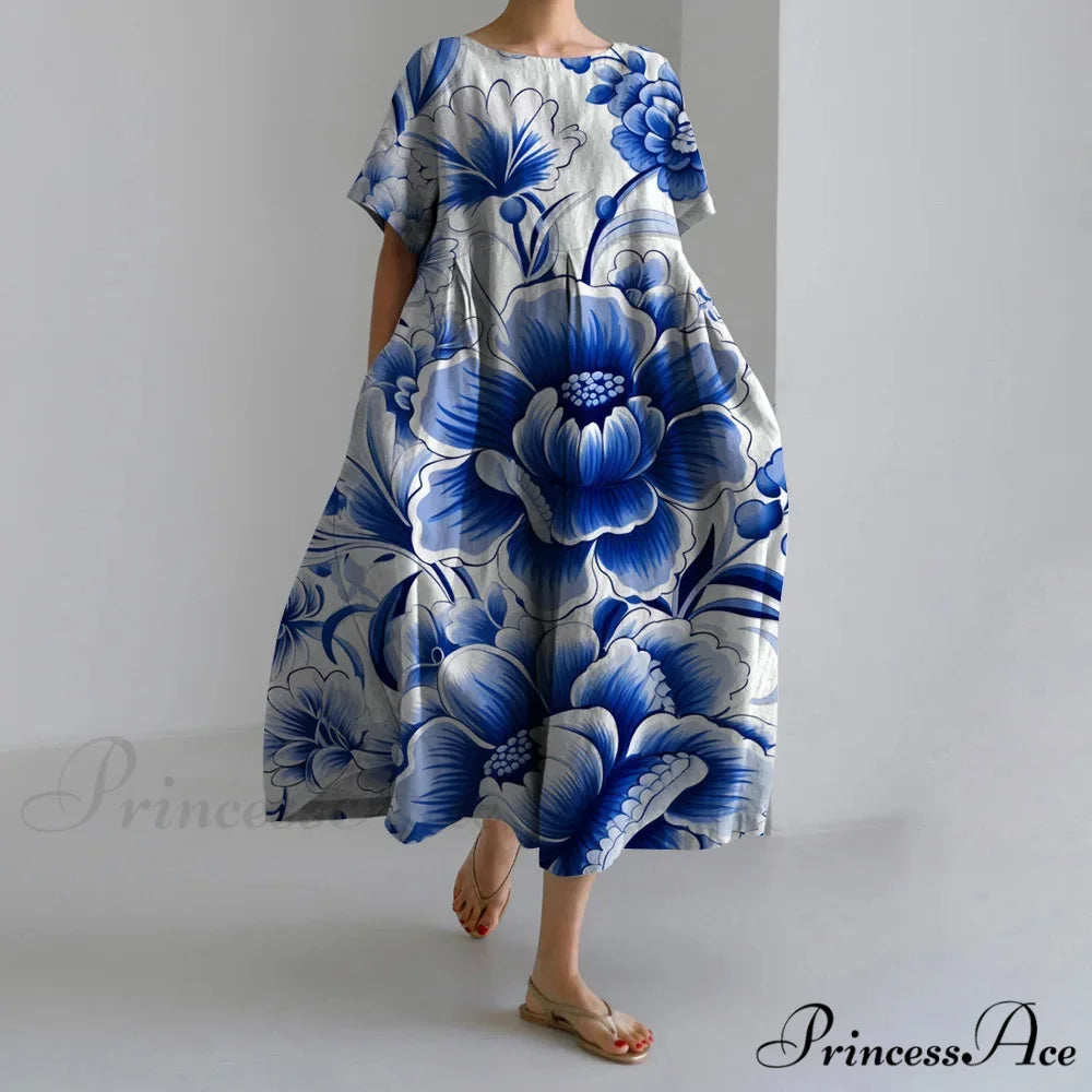 Stylish Flower Patterned Short Sleeve Evening Flower Dress blue2 / S oldfloraldress-250126