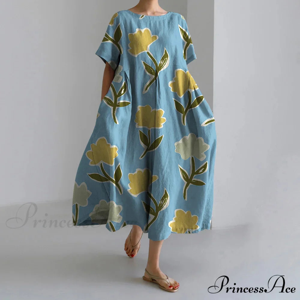 Stylish Flower Patterned Short Sleeve Evening Flower Dress green1 / S oldfloraldress-250126