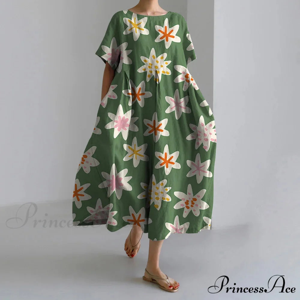 Stylish Flower Patterned Short Sleeve Evening Flower Dress green3 / S oldfloraldress-250126