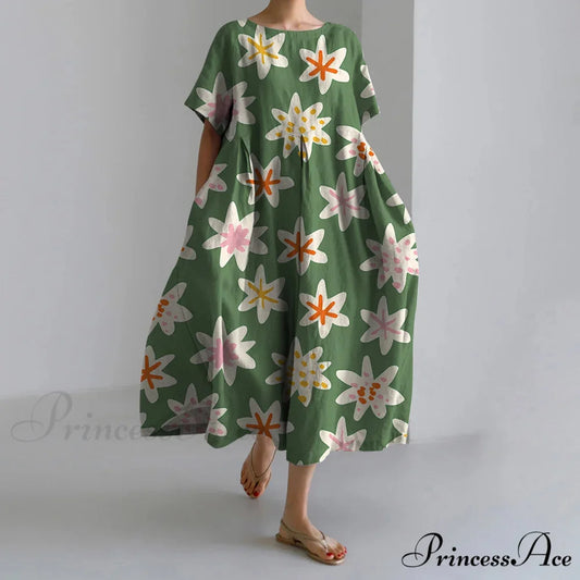 Stylish Flower Patterned Short Sleeve Evening Flower Dress green3 / S oldfloraldress-250126