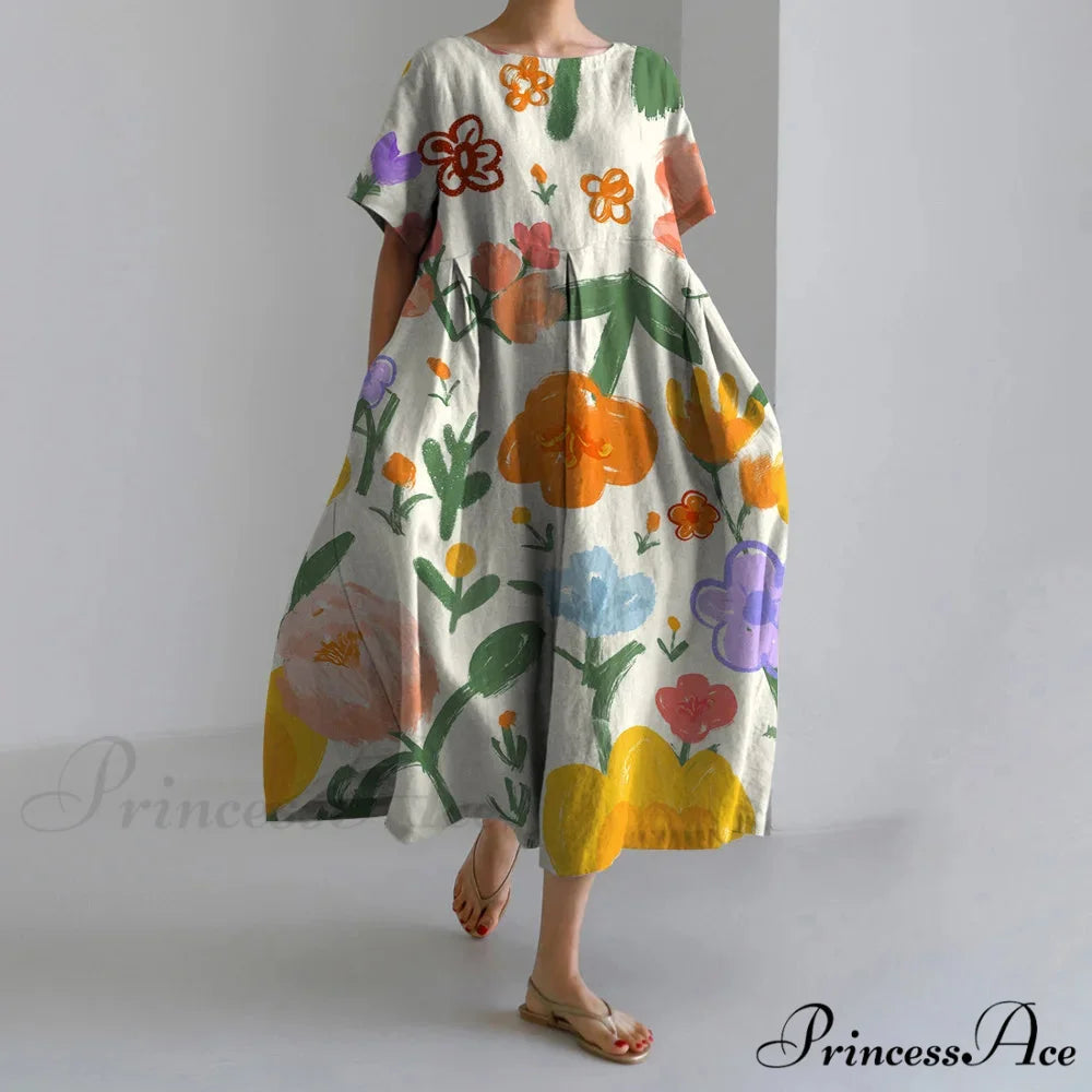 Stylish Flower Patterned Short Sleeve Evening Flower Dress yellow1 / S oldfloraldress-250126