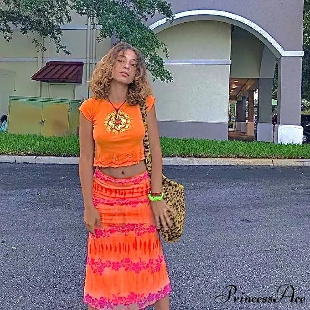 Stylish Flower Patterned Skirt Vibrant Hippie Informal Seaside Skirt ORANGE / S skirt-250126