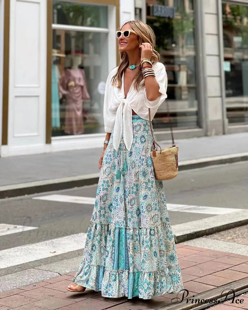 Stylish Flower Pleats Free-Spirited Stretchy High Waist Skirt LIGHT GREEN / S skirt-250126