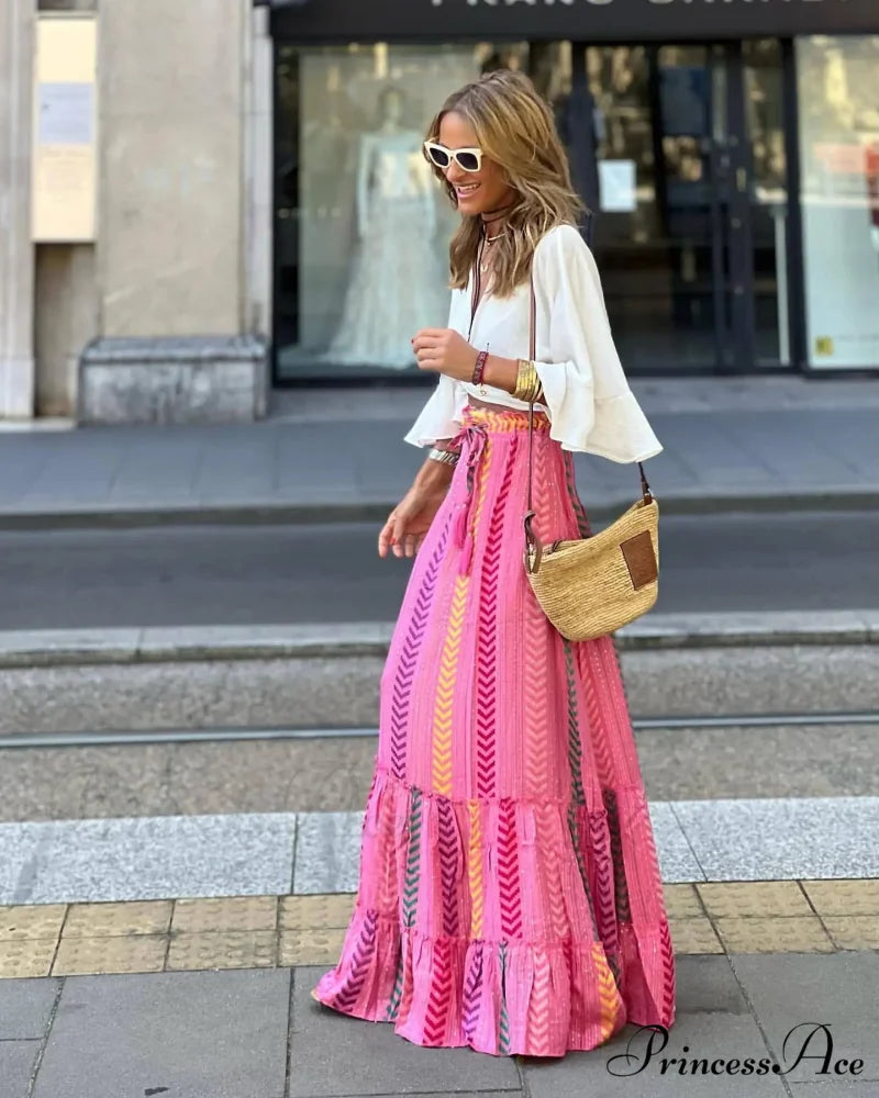 Stylish Flower Pleats Free-Spirited Stretchy High Waist Skirt PINK1 / S skirt-250126