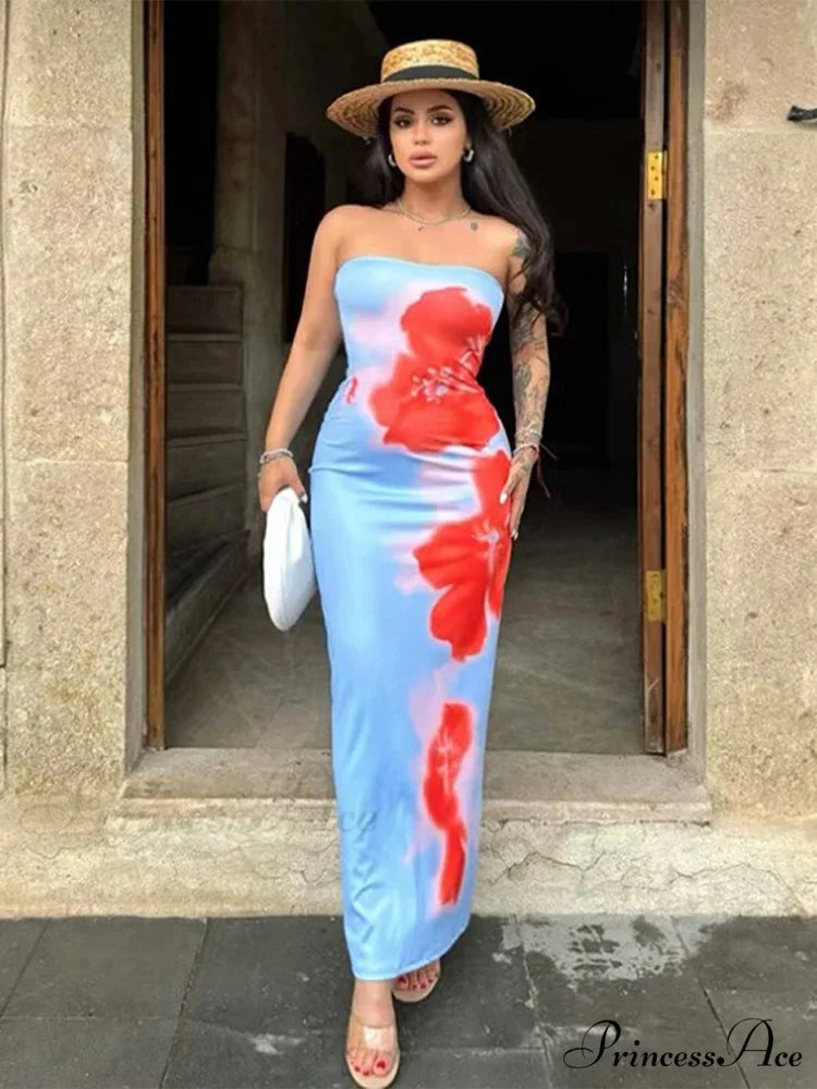 Stylish Flower Strapless Midi Split Backless Dress floraldress-250126