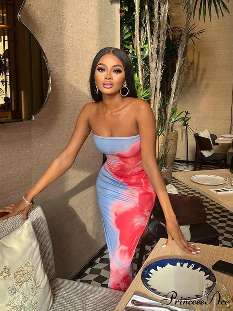 Stylish Flower Strapless Midi Split Backless Dress floraldress-250126