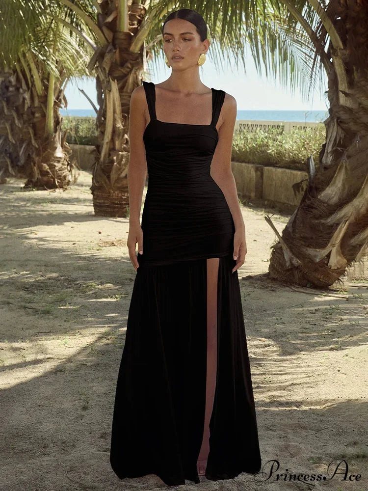 Stylish Folded A-line Maxi Holiday Dress Black / S vacationdress-250223