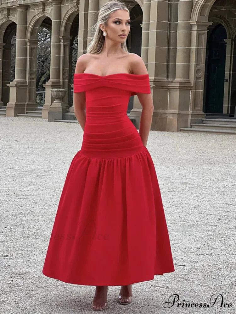 Stylish Folded A-line Maxi Holiday Dress Red / S vacationdress-250223