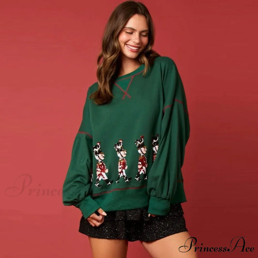 Stylish Glitter Patchwork Vintage Harajuku Long Sleeve Christmas Hoodie Dark Green / S Christmas Hoodies-L