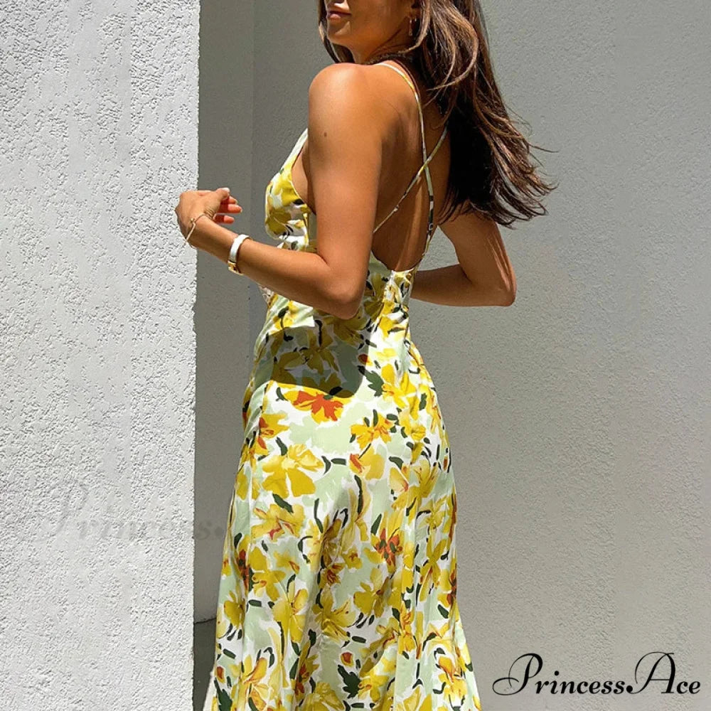 Stylish Golden Blooms Pattern Twirl Tie Cutout Midi Floral Dress floraldress-250126