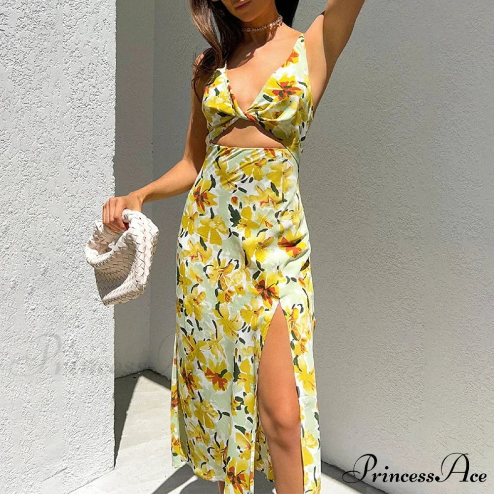 Stylish Golden Blooms Pattern Twirl Tie Cutout Midi Floral Dress floraldress-250126