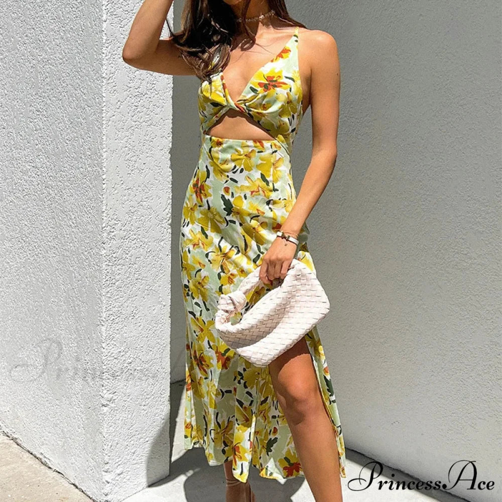 Stylish Golden Blooms Pattern Twirl Tie Cutout Midi Floral Dress Yellow / S floraldress-250126