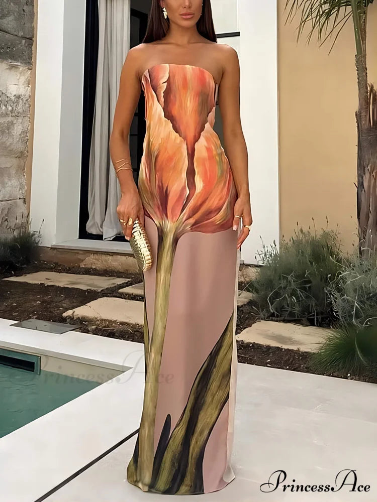 Stylish Graffiti Print Charming Sleeveless Off-Shoulder Maxi Dress Pink / S