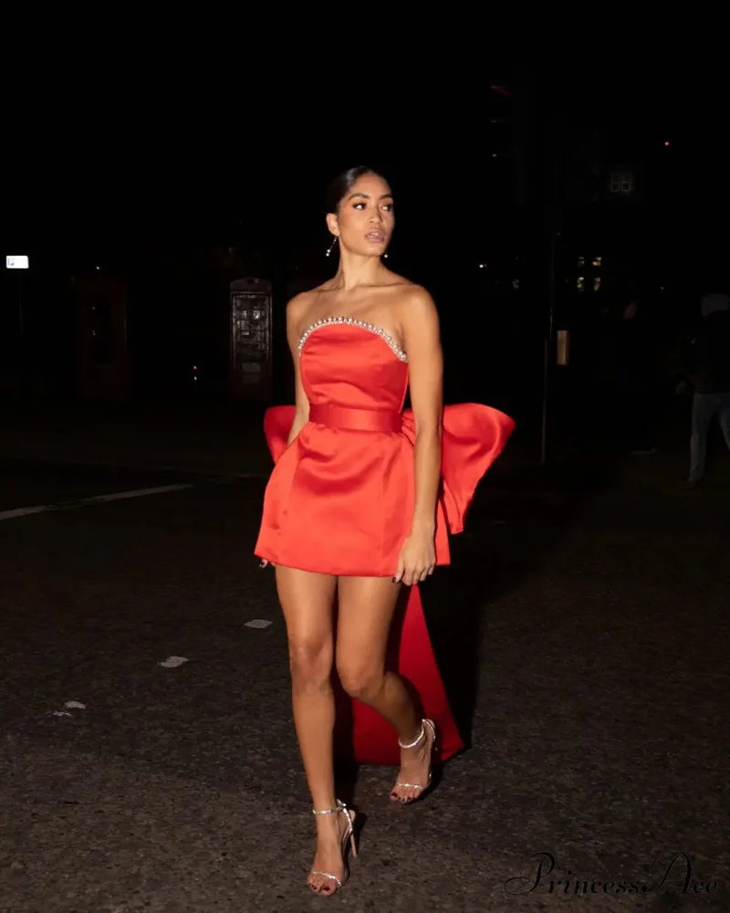 Stylish Green Pink Red Satin Mini Party Dresses Detachable Bow Christmas Party Dress Orange / 2