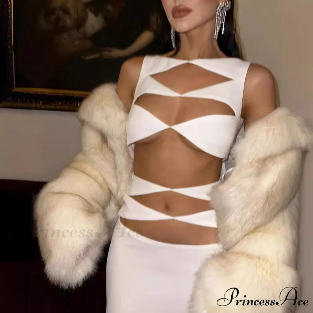 Stylish Hollow-Cut Two-Piece Bandage Dress Celebrity Prom Dress white / XS promdress-250223