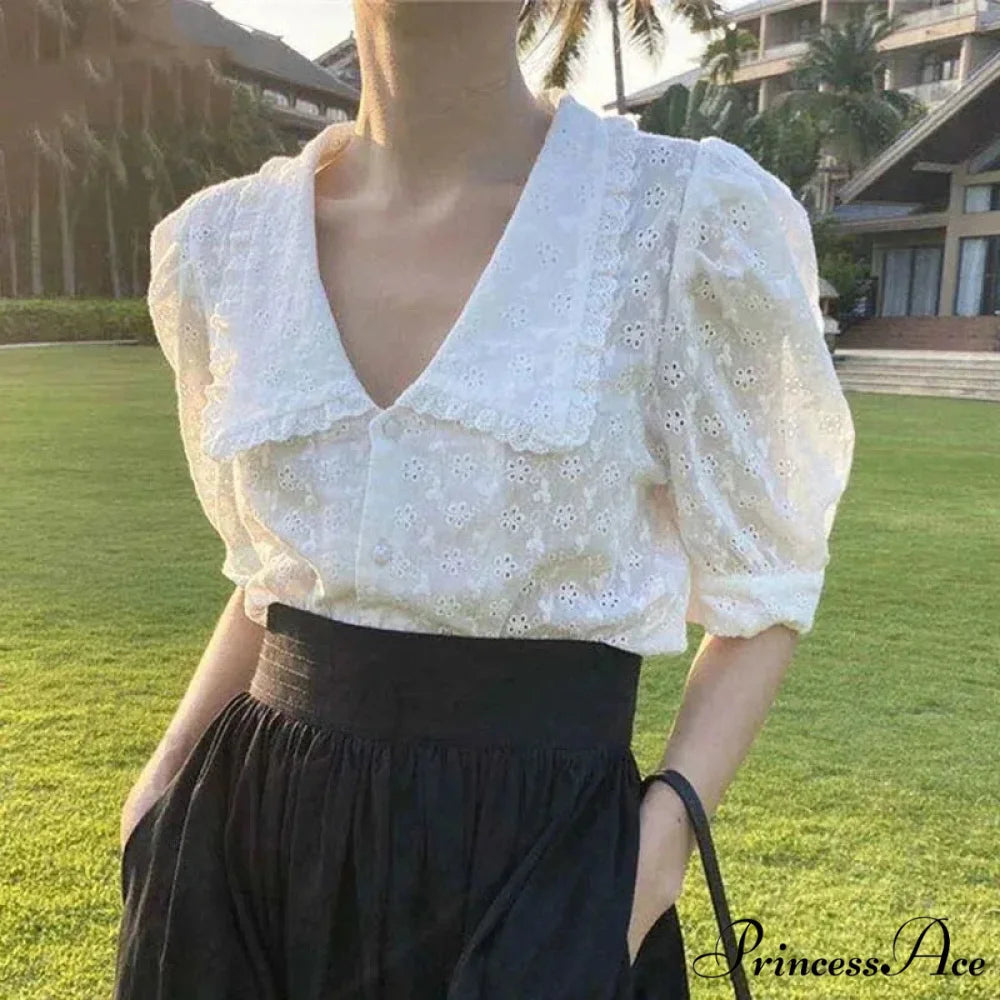 Stylish Hollow Lace Puff Sleeve Peter Pan Collar Blouse blouse-250126