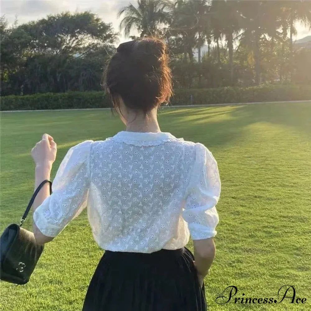 Stylish Hollow Lace Puff Sleeve Peter Pan Collar Blouse blouse-250126