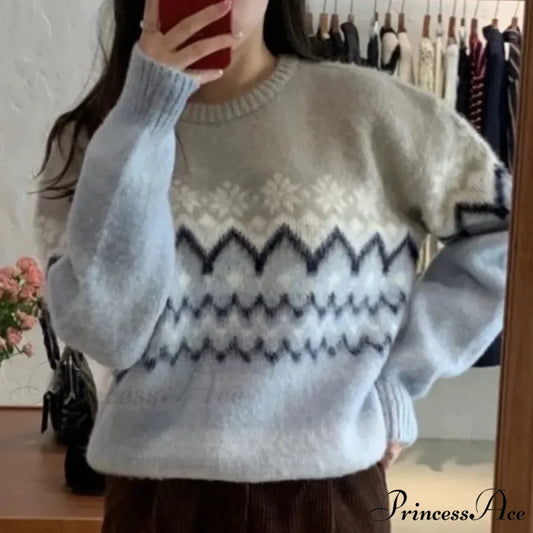 Stylish Informal Patterned Extended Sleeve Jumper Blue / One Size swraters-241228