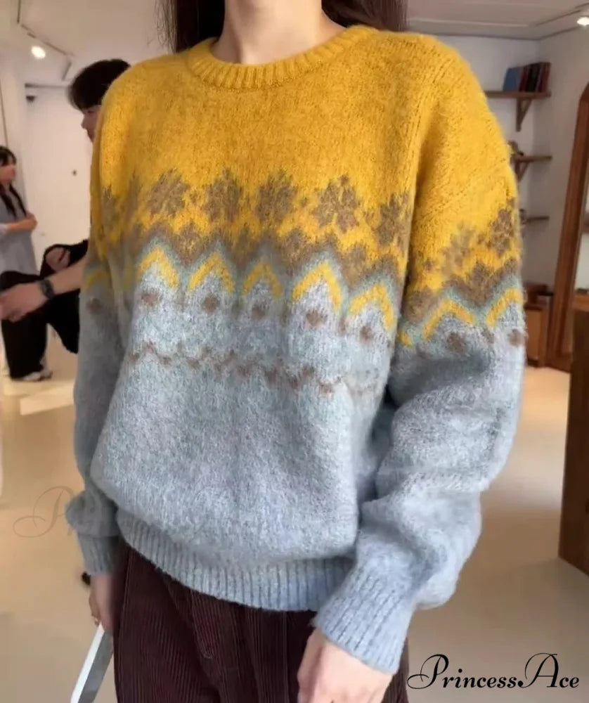 Stylish Informal Patterned Extended Sleeve Jumper Yellow / One Size swraters-241228