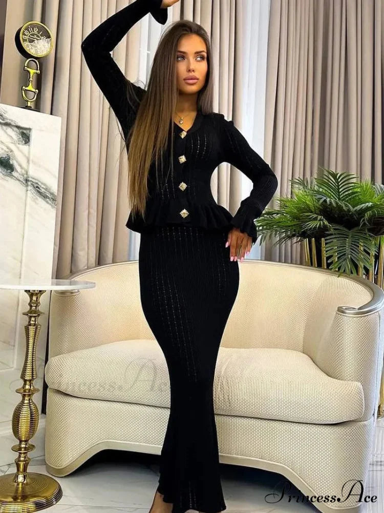 Stylish Knitted Coordinating Extended Workplace Duo Set Black Dress / S officetwopieceset-250223
