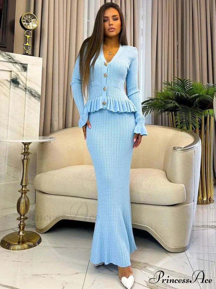 Stylish Knitted Coordinating Extended Workplace Duo Set Blue Dress / S officetwopieceset-250223