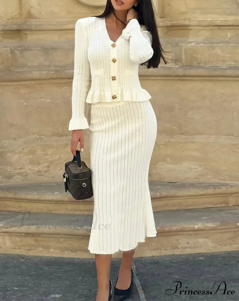 Stylish Knitted Coordinating Extended Workplace Duo Set White Dress / S officetwopieceset-250223