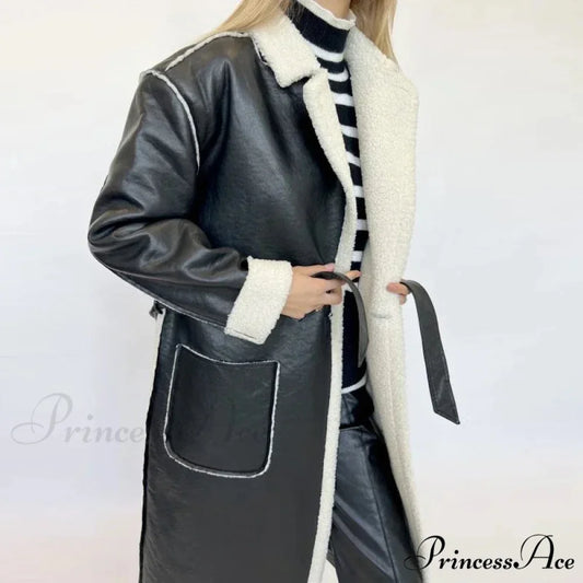 Stylish Lamb Wool Faux Leather Belted Overcoat Black / S overcoats-241228