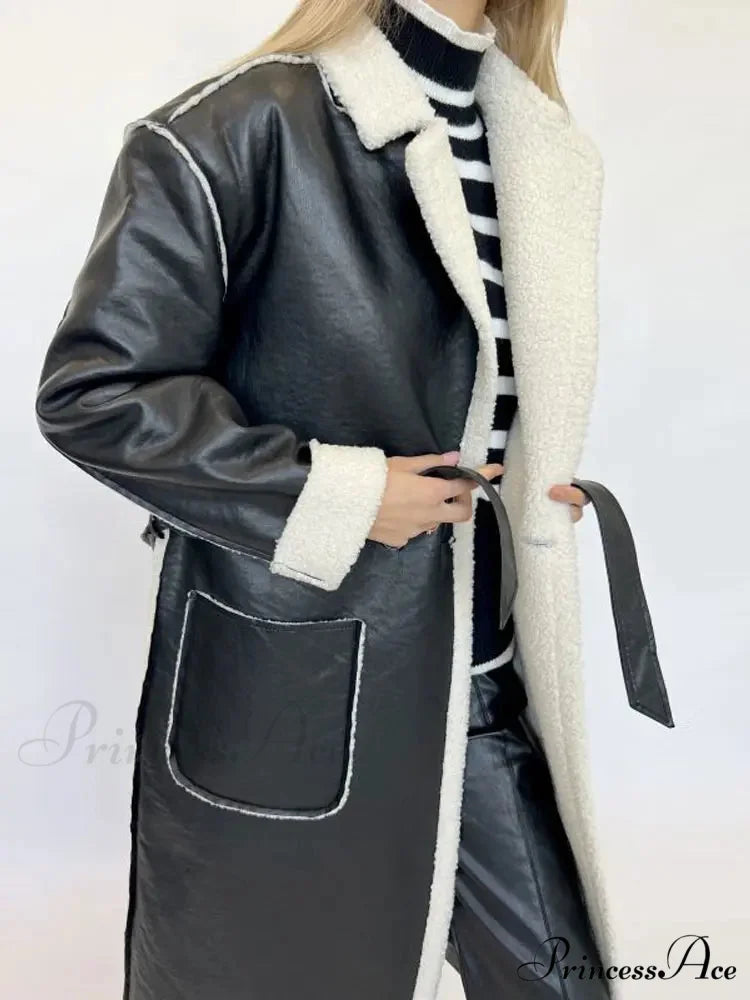 Stylish Lamb Wool Faux Leather Belted Overcoat overcoats-241228