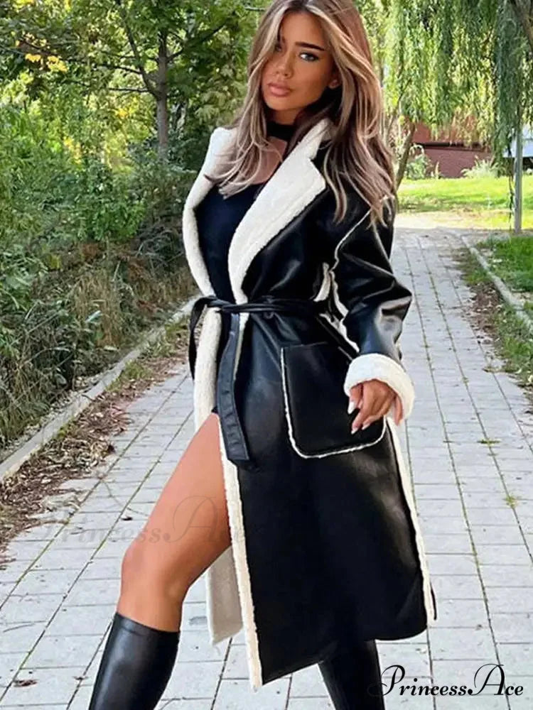 Stylish Lamb Wool Faux Leather Belted Overcoat overcoats-241228
