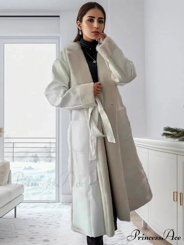 Stylish Lamb Wool Faux Leather Belted Overcoat White / S overcoats-241228