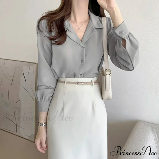 Stylish Lantern Sleeve Suit Collar Baggy Office Blouse Gray / One Size blouse-250126