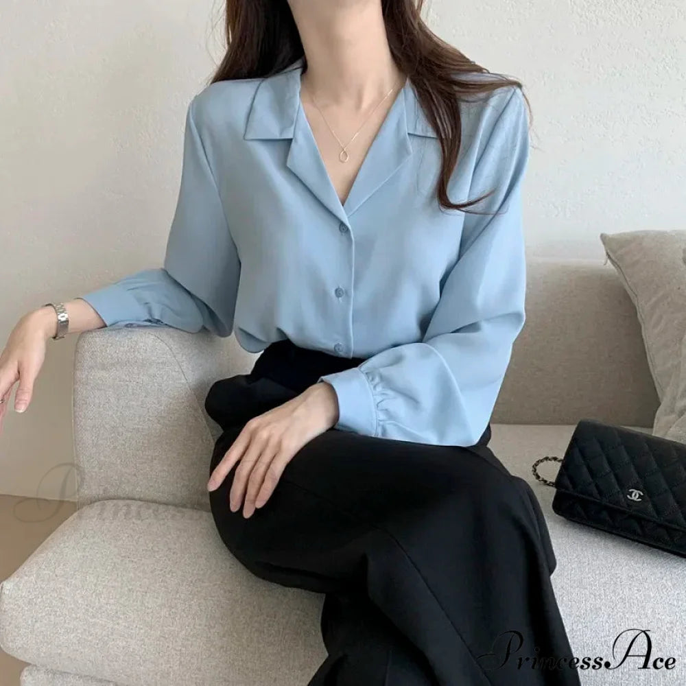 Stylish Lantern Sleeve Suit Collar Baggy Office Blouse Sky Blue / One Size blouse-250126