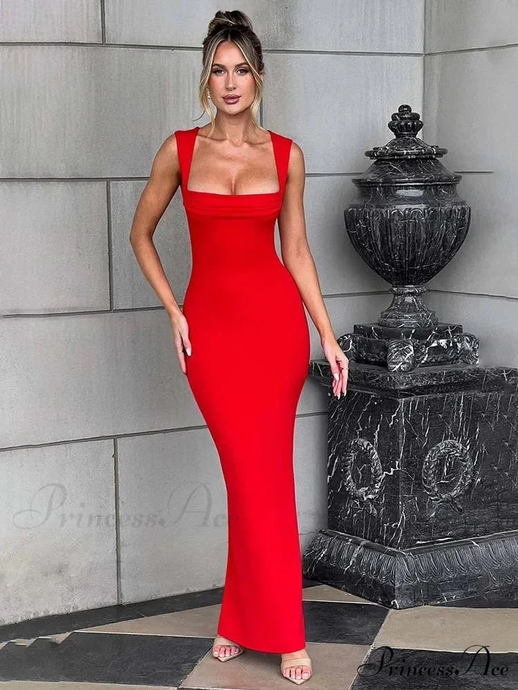 Stylish Long Lean Bodycon Holiday Dress Red / S vacationdress-250223