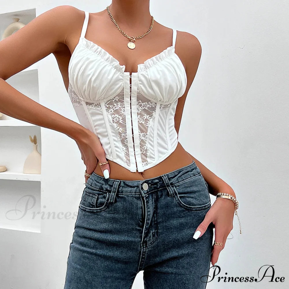 Stylish Mesh Fishbone Lace Pleated Seductive Crop Top croptop-250126