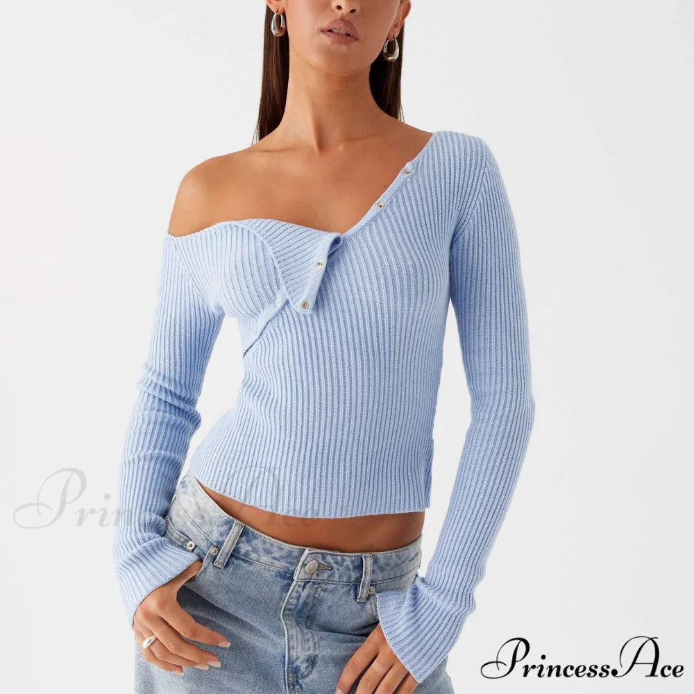 Stylish Off Shoulder Ribbed Solid Crop Fitted Knit Top Blue / S knittop-250126