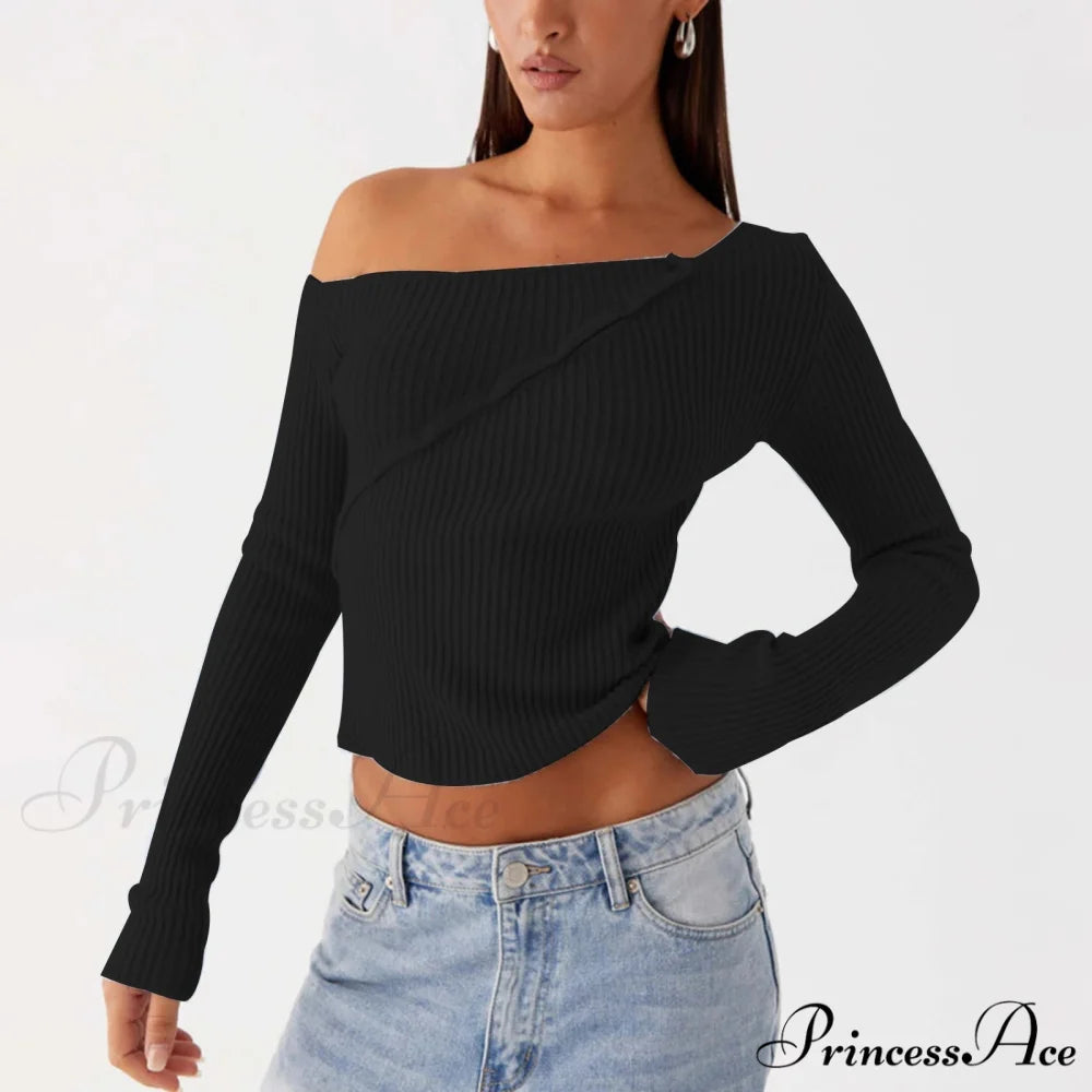 Stylish Off Shoulder Ribbed Solid Crop Fitted Knit Top knittop-250126